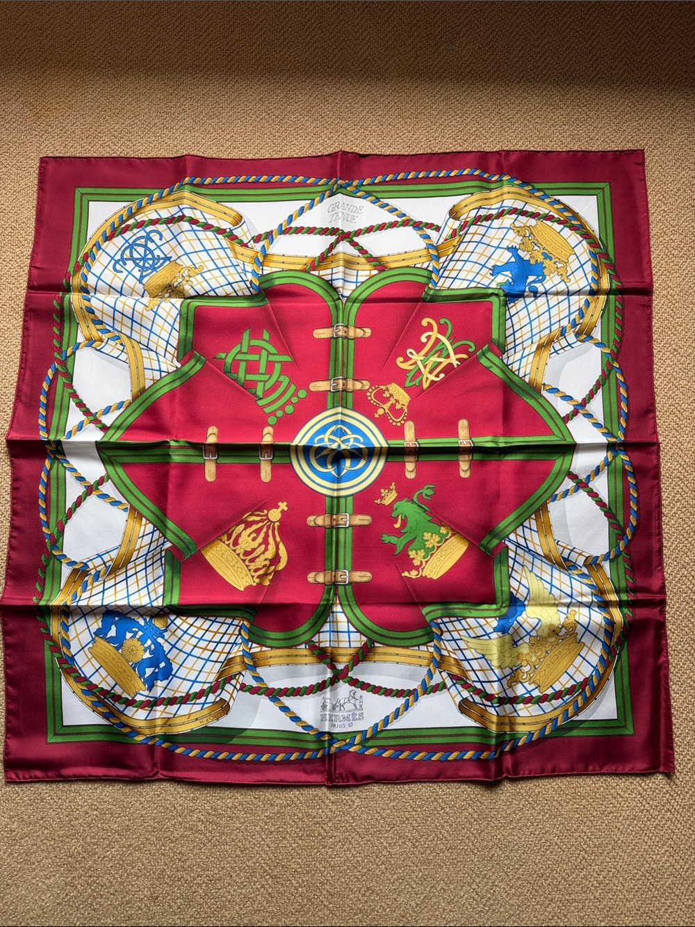 Brand New Hermes Grand Tenue Crown and Rope-Pattern Silk Scarf with Gold Accents